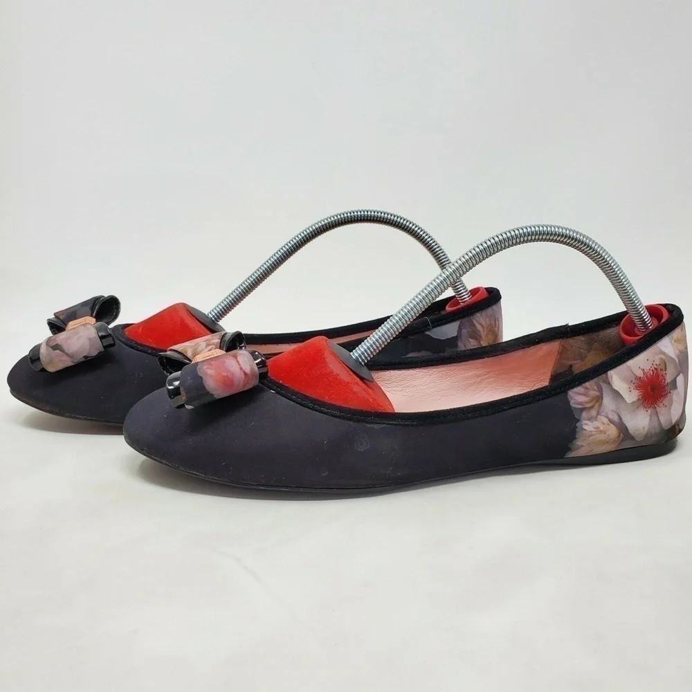 Ted Baker Immep Floral Ballet Flats Bow Black Multicolor Womens Size 7